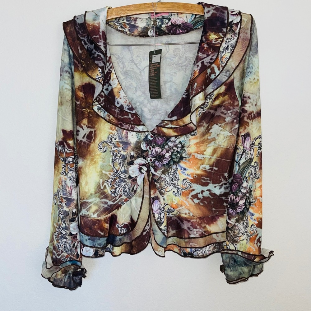 Cetric Floral Abstract Ruffle Blouse Womens Medium Long Sleeve Top NWT Clouds